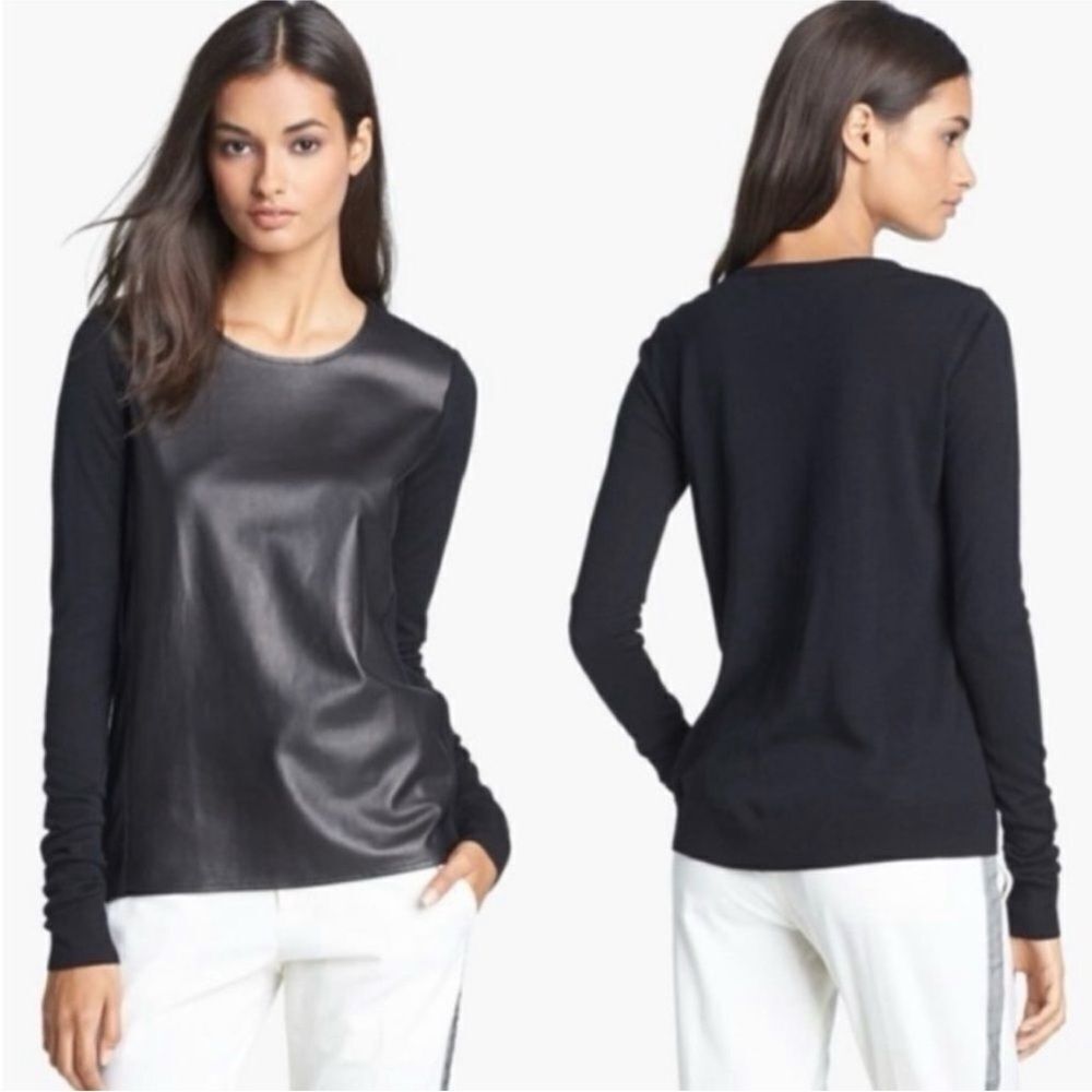 Vince Black Knit Top With Genuine Leather Front, S
